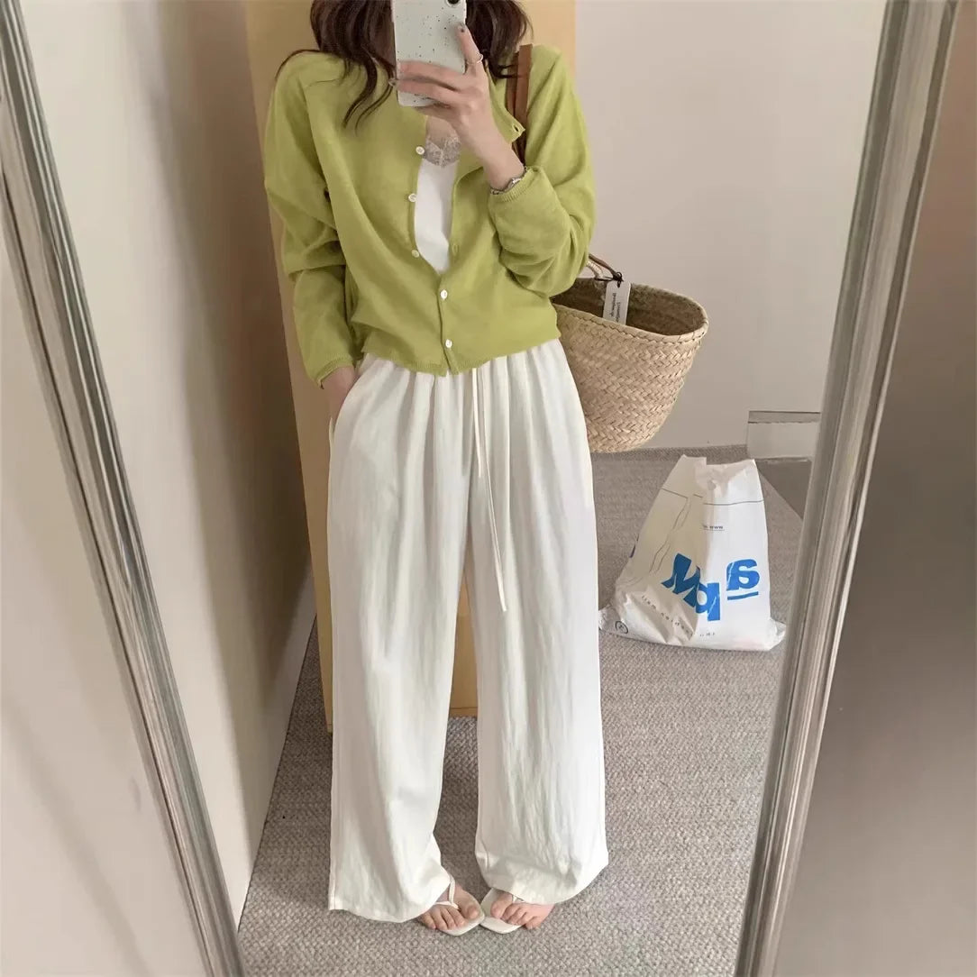 Slimming Wide Leg Cotton Linen Loose Fit Thin High Waist Casual Solid Color Summer Trousers for Women Elegant Drapey Style