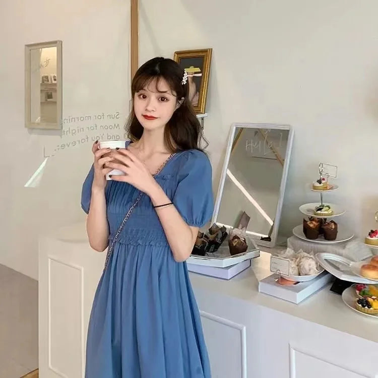 Sweet Retro Hepburn Sle Square Collar Dr Waist-Cinching Long Bla Dr Initial Love Tea Break Faionable Summer Dr