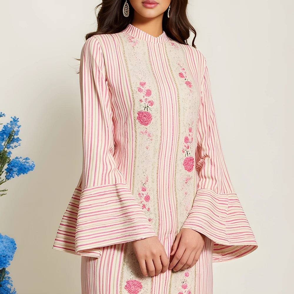 Rafiah Summer Long Arabian Dress 2025 Modest Fashion Stripes Floral Long Sleeve Crew Neck Midi Daily Shift Dresses