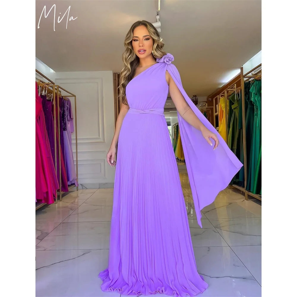 Mila Flower One Shoulder Bow Straps Prom Dresses 2025 Chiffon Elegant Evening Dresses Floor-Length Customized Party Dresses