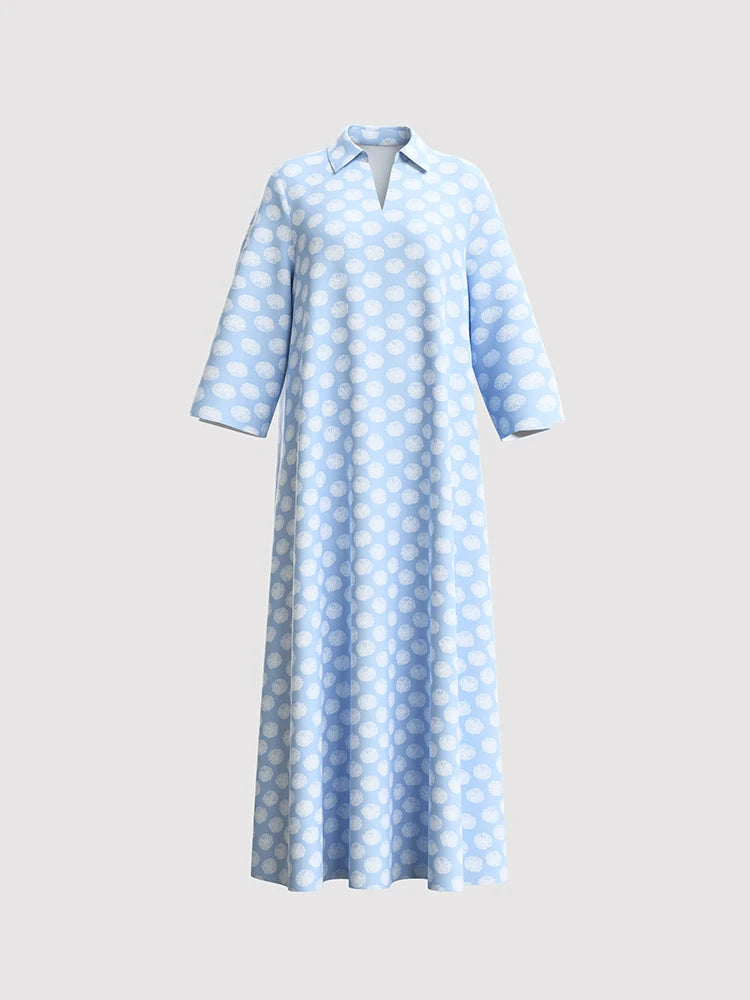 Rafiah Women's Arabian Dress Even Dress 2025 Summer Comfortable Full Print Long Sleeve V-Neck Loose Fit Long Dress