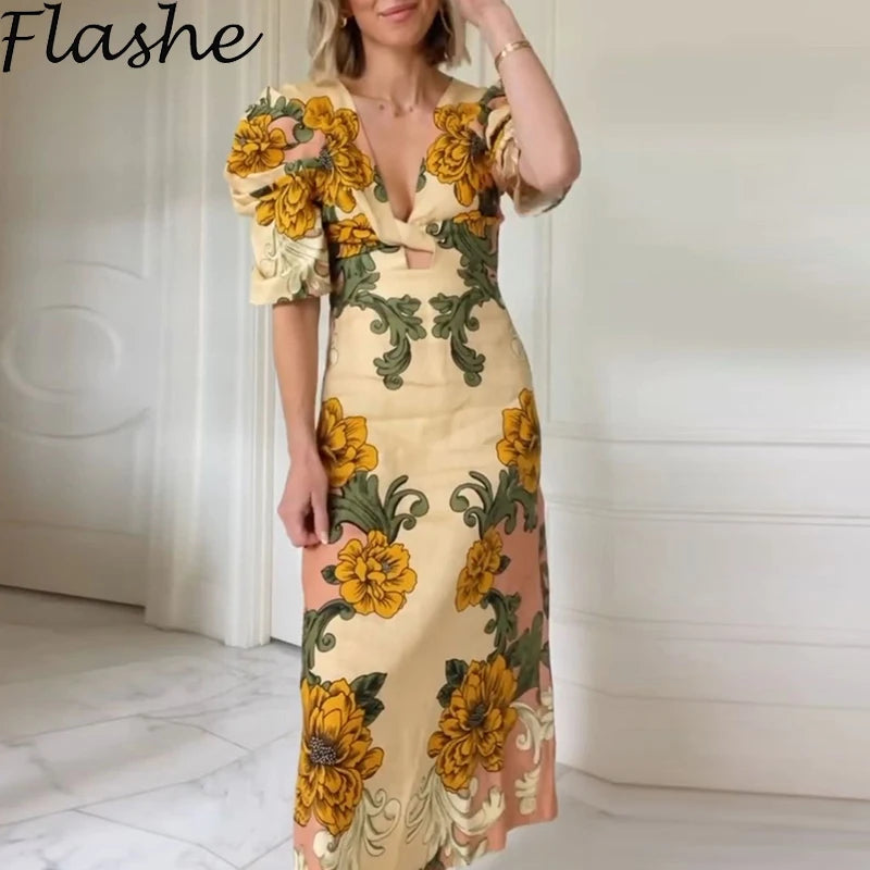 Summer V Neck Short Sleeve A-line Flower Printed Long Dress Women Beach Holiday Vestidos Boho Vintage Dresses Woman