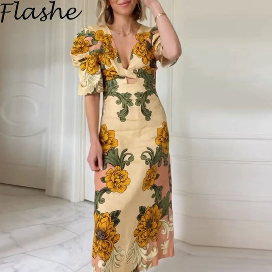 Summer V Neck Short Sleeve A-line Flower Printed Long Dress Women Beach Holiday Vestidos Boho Vintage Dresses Woman