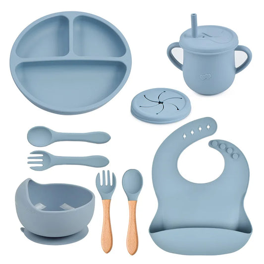 9pcs Baby Silicone Feeding Waterproof Set Children Suction Bowl Plate Spoon Fork Bibs Cup Kids Training Tablewear Bpa Free Gifts