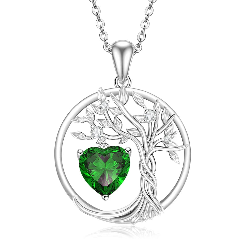 Lnngy 925 Sterling Silver Tree of Life Circle Pendant Necklace Colorful Birthday Stone Necklaces Jewelry for Women Daily Gift