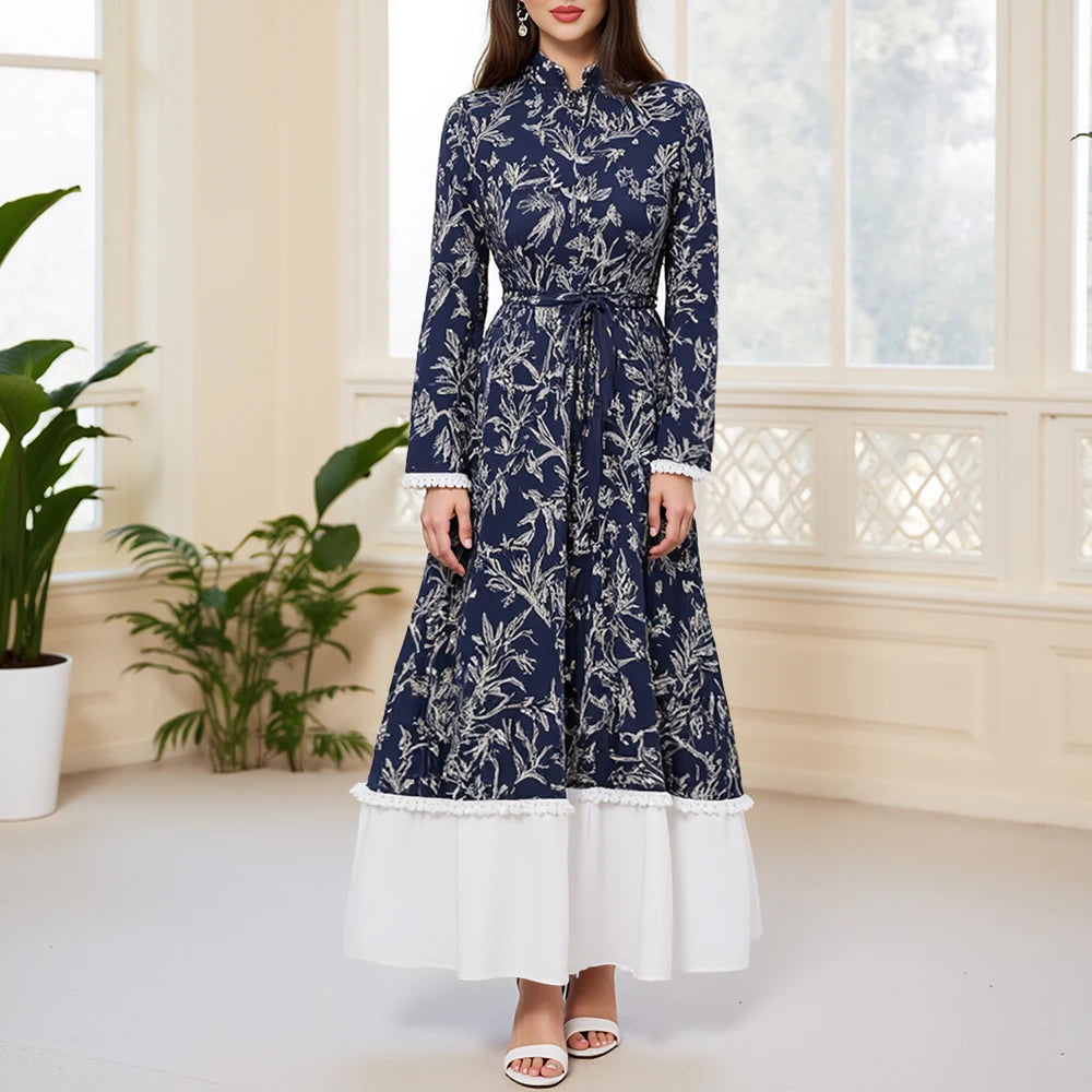 Rafiah Summer Long Dresses 2025 Fashion Casual Patchwork Print Midi Long Sleeve Mandarin Collar Shift Evening Dresses For Women