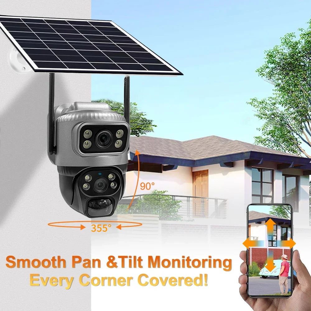 4G Solar Camera Outdoor Dual Lens PTZ Low Powered CCTV Video V380 Cameras PIR Motion Detect Security Protection Surveillance Cam