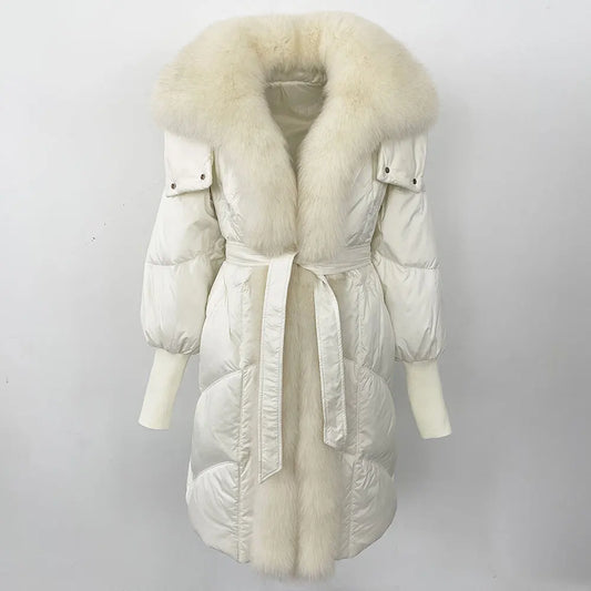 2025 Autumn Winter Women Coat Real Natural Fox Fur Long Down Jacket Thick Warm Casual Hooded White Duck Down Elegant Overwears