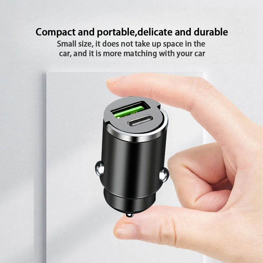شاحن سيارة صغير مخفي مزود بحلقة سحب USB+TYPE C شاحن سريع مناسب لمجموعة متنوعة من أجهزة الهواتف المحمولة