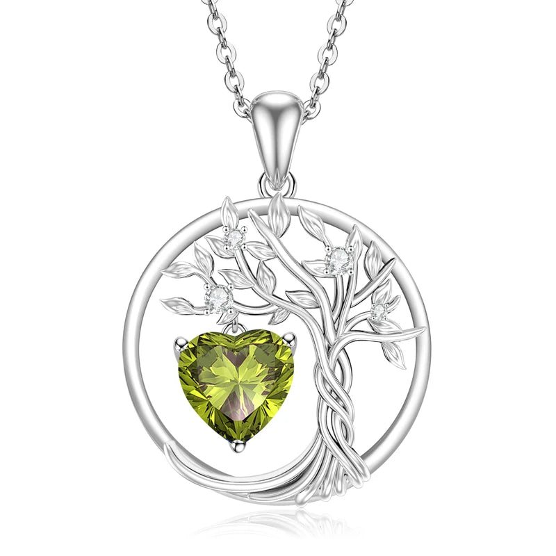 Lnngy 925 Sterling Silver Tree of Life Circle Pendant Necklace Colorful Birthday Stone Necklaces Jewelry for Women Daily Gift