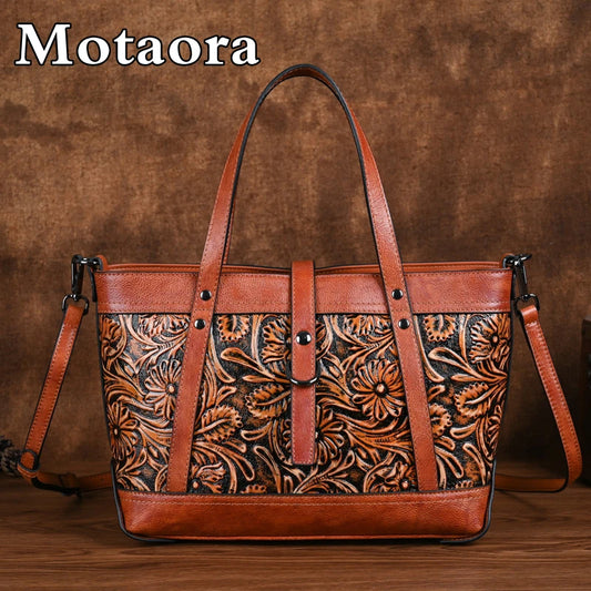 Vintage Embossed Leather Tote Bag for Women, Large Capacity Cowhide Shoulder Bag with Adjustable Strap, Handcrafted Work Purse