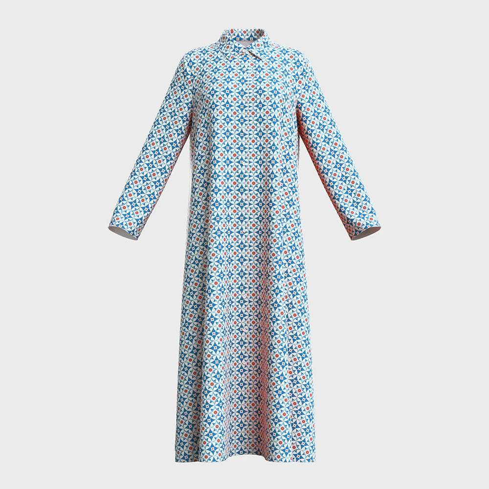 Rafiah Women's Long Dresses Summer Elegant 2025 Full Print Chic Long Sleeve Shirt Collar A-Line Midi Vacation Dresses