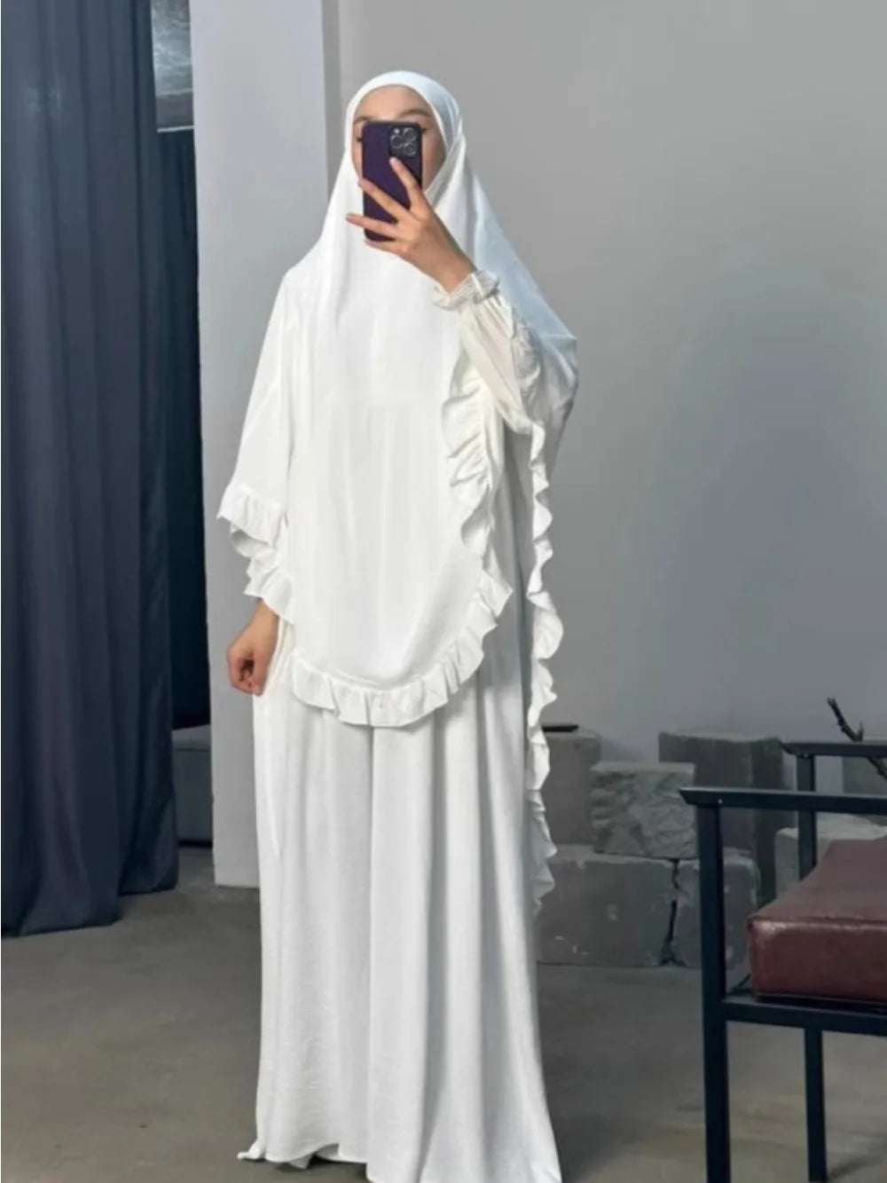 Ramadan Long Khimar with Dress Hijab Eid Muslim Headcarf Women Jilbab 2 Piece Set Jubha Islamic Hijabs Musulman Prayer Garment