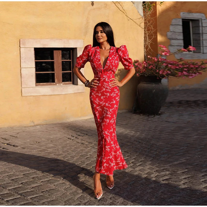 Women Sexy Patchwork Print Dress Fashion V-neck Short Puff Sleeve Hip Package Female Dresses 2025 Summer Urban Lady Robe