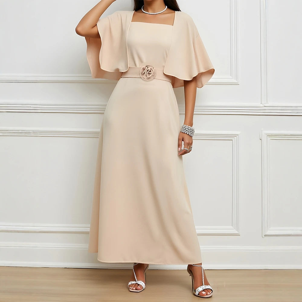 Rafiah Women's Dresses Summer Decent Daily Three-Dimensional Decoration Floral Cloak Sleeves Square Neck Shift Midi Long Dress