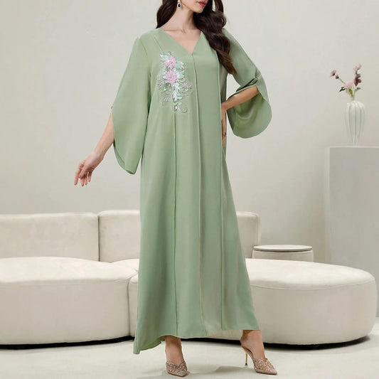 Rafiah Summer Dresses 2025 Women's Appliques Plain Draped Long Flare Sleeve V-Neck Loose Fit Basics Arabian Midi Dress
