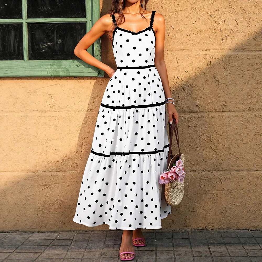 Rafiah Women's Summer Long Arabian Dress Fashion Decent Polka Dot Sleeveless V-Neck Midi Cami Dating Dresses