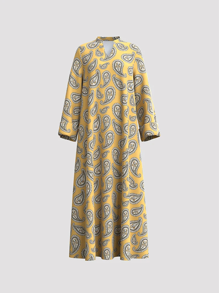 Rafiah Women's Arabian Dress Even Dress 2025 Summer Fashion Traditional Full Print Long Sleeve V-Neck Loose Fit Long Dress
