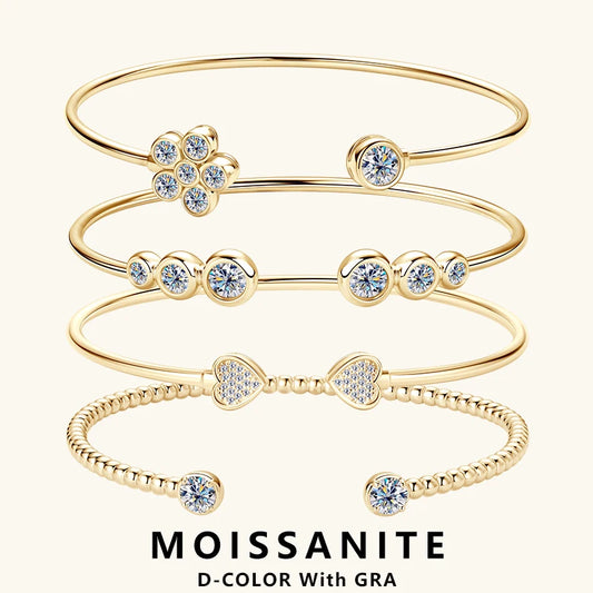 Lnngy Sparkling Moissanite Bracelets For Women Girl Original and Pure 925 Sterling Silver Cuff Bracelet Open Wrist Jewelry Gift