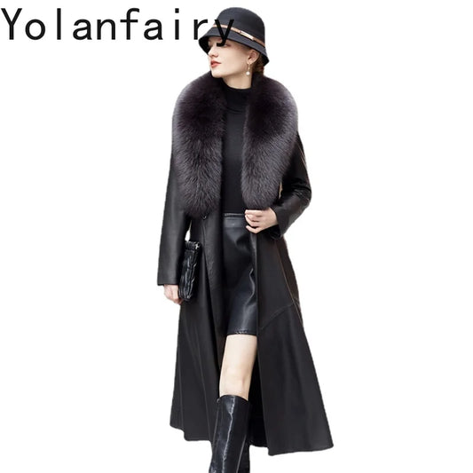 YOLANFAIRY Genuine Leather Down Jacket for Women Elegant Long Coat Women's Winter Jacket Slim Fox Fur Collar Sheepskin Clothes