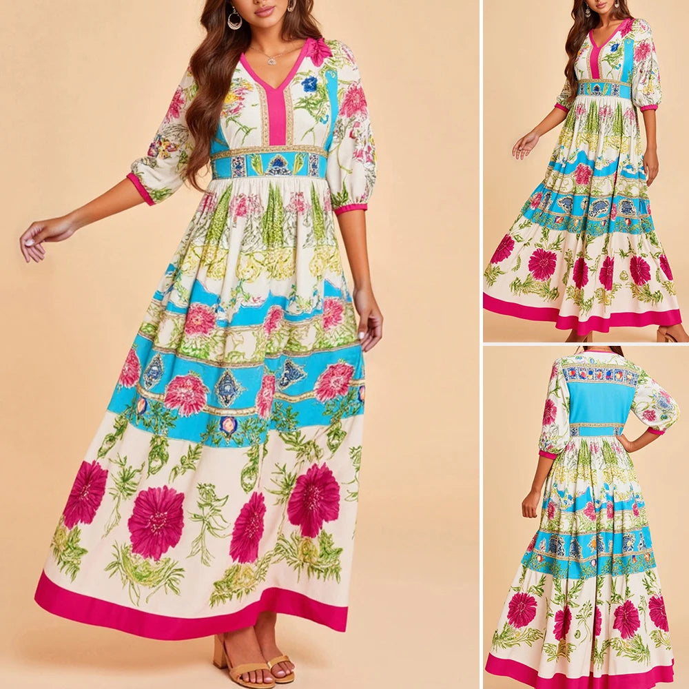 Rafiah Autumn Arabian Long Dress 2025 Casual Daily Floral V-Neck Lantern Sleeve High Neck
Midi A-Line Shift Dresses
For Women