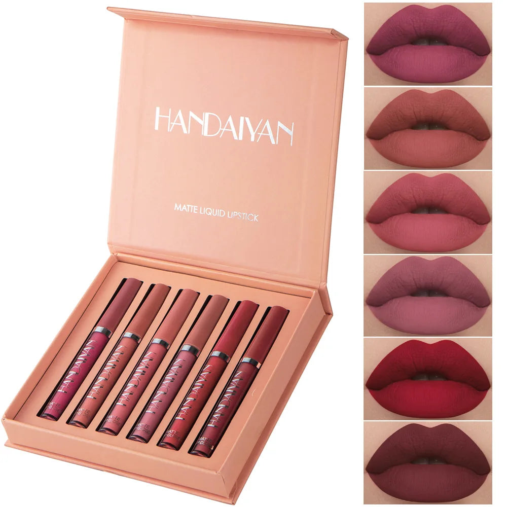HANDAIYAN 6 Shade Lipstick Set Matte Finish Liquid Lip Gloss Waterproof Long Lasting No Smudge Vegan Beauty