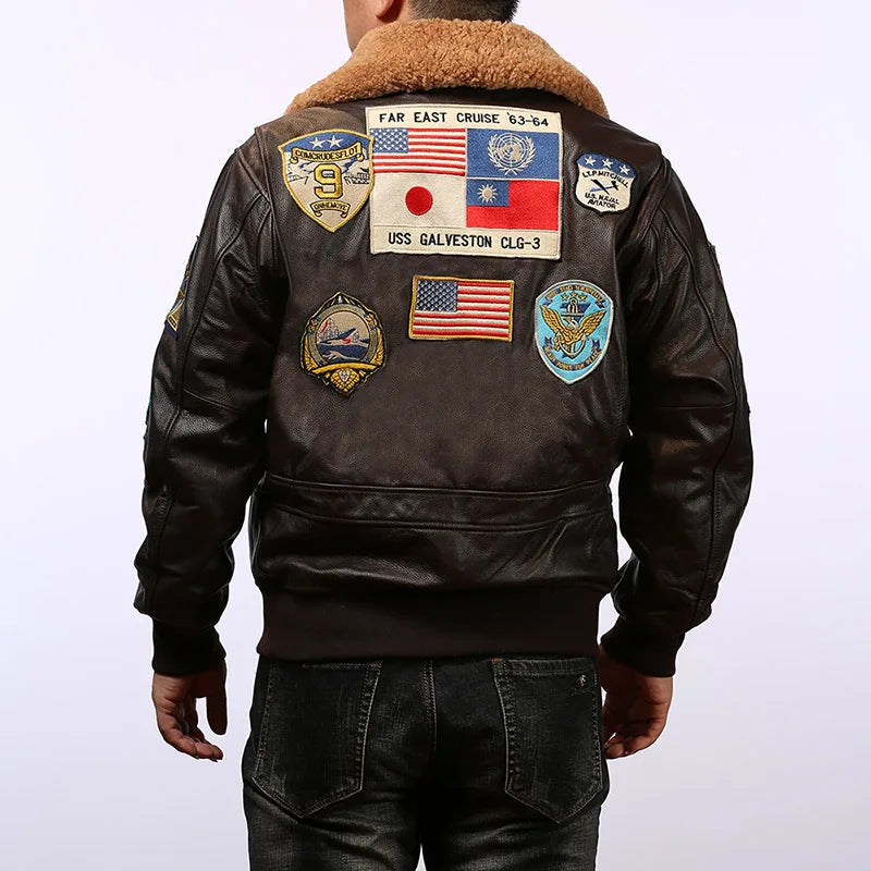 Top Gun Genuine Cowhide Leather Jacket with Wool Collar – Embroidered Unisex Motorcycle Coat