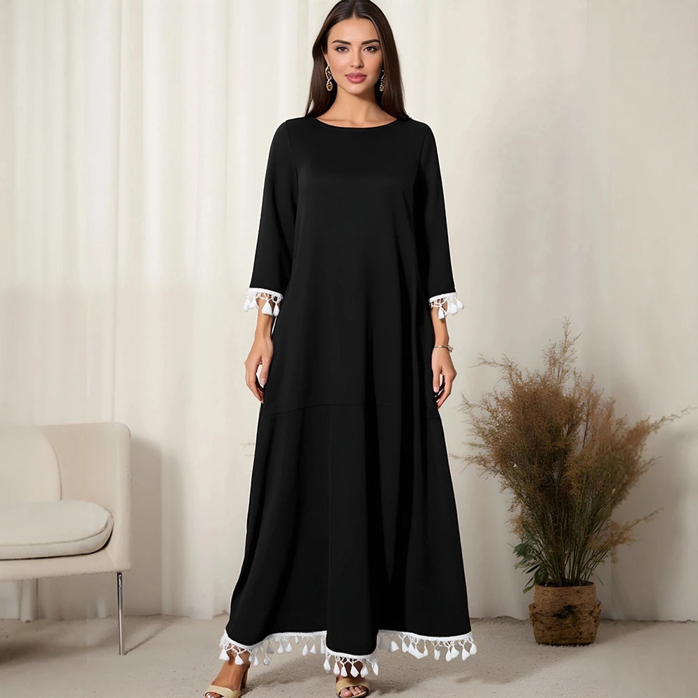 Rafiah Women's Dresses Summer Comfortable Elegant 2025 Tassel Hem Long Sleeve Round Neck A-Line Midi VacationLong Dress