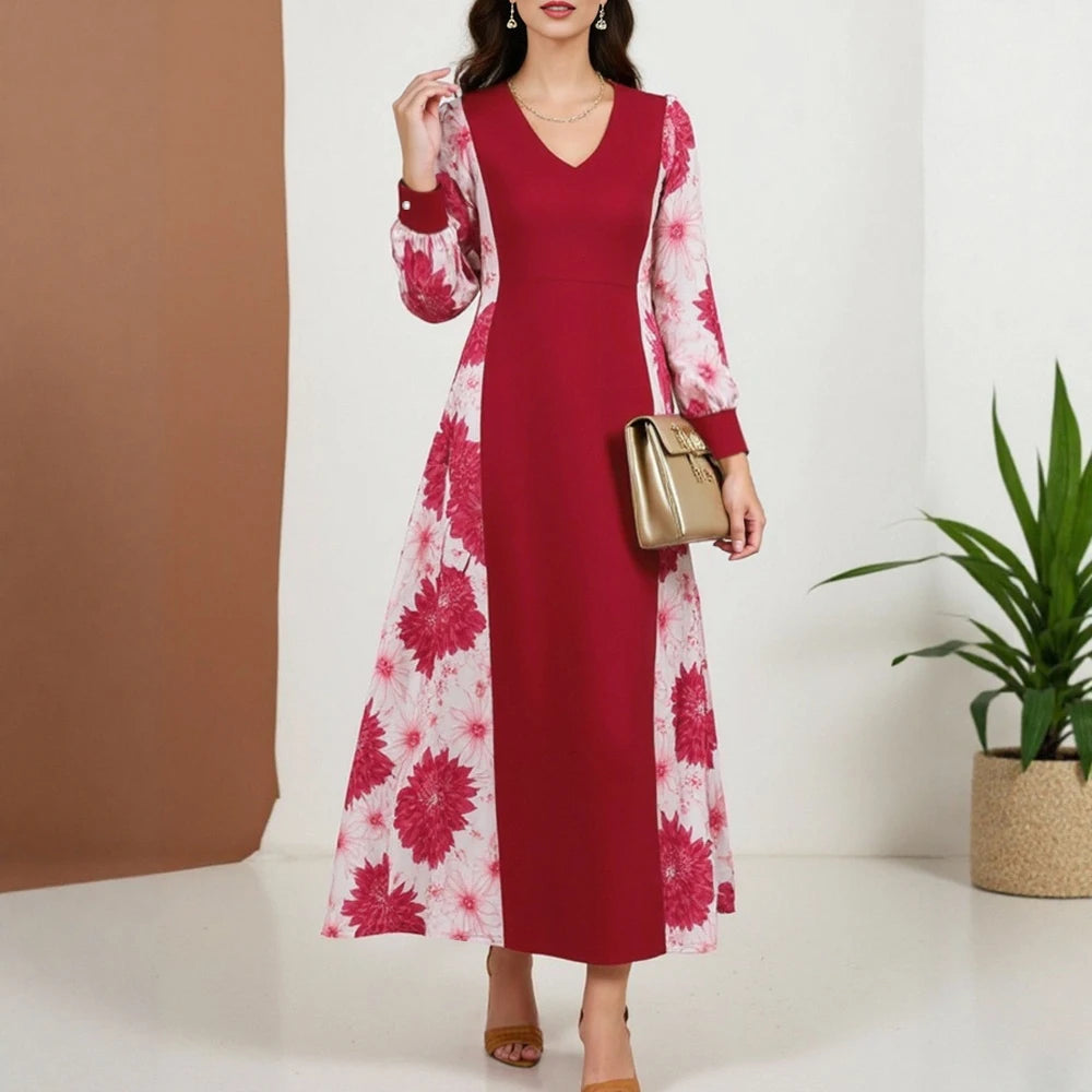 Rafiah Women's Summer Arabian Dress Loose Fit Floral Stitching Design Cuff Sleeve Sweetheart Neck Midi Casual Daily Dress