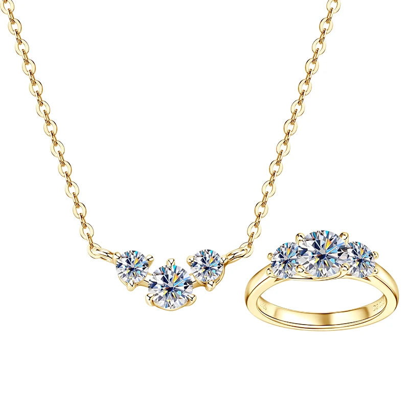 Lnngy Certified GRA Three Stone Moissanite Necklace Ring 925 Sterling Silver Jewelry Set For Women Wedding Engagement Rings Gift