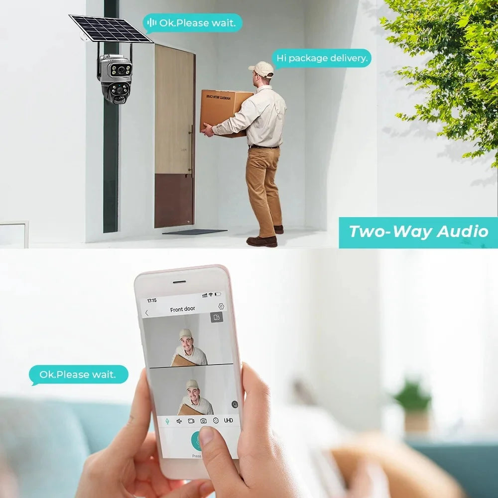4G Solar Camera Outdoor Dual Lens PTZ Low Powered CCTV Video V380 Cameras PIR Motion Detect Security Protection Surveillance Cam
