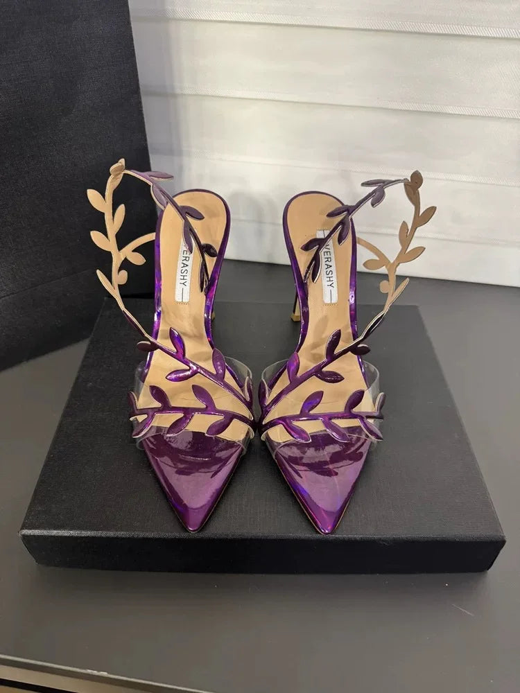 Gold High Heels Women 2025 Summer New Metal Patent Leather Leaf Thin Heel Pointed Open Toe Purple Sandals