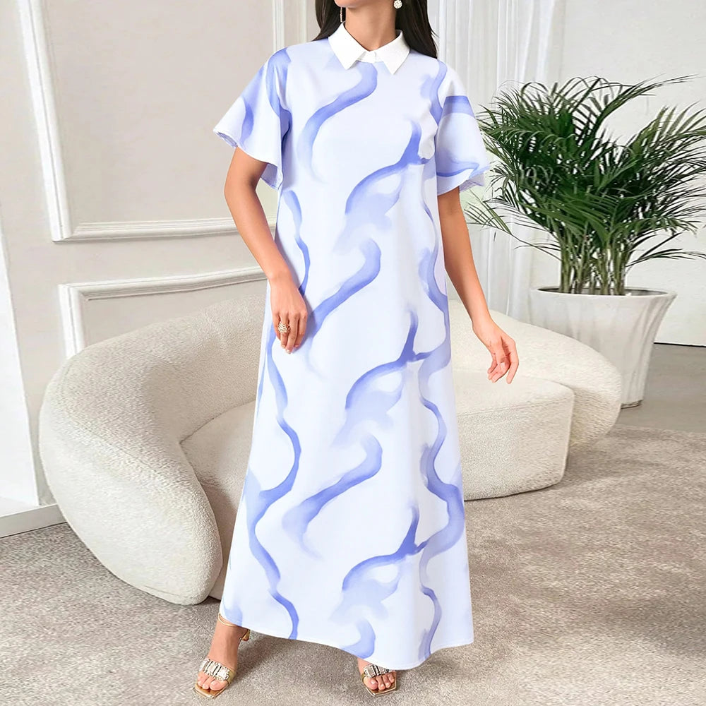 Rafiah Women's Summer Long Arabian Dress Fashion Daily Gradient Short Sleeve Polo Collar Midi Loose Fit Shift Dresses