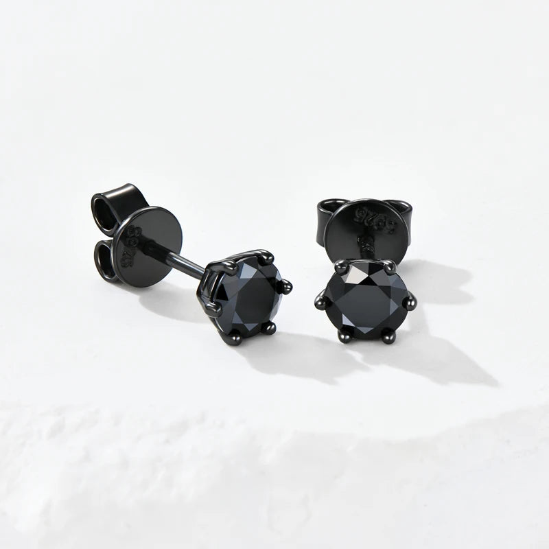 Lnngy Pass Diamond Test 5mm 6.5mm Black Moissanite Stud Earring 925 Sterling Silver 6 Claws Piercing Earrings for Women Men Gift