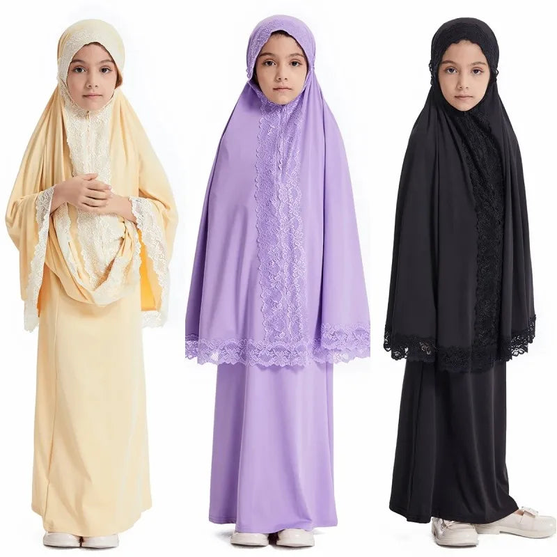 Dubai Abaya Children Robe Middle East Islamic Girls Headscarf Kaftan Arab Ramadan Eid Muslim Kids Prayer Hijab Skirts Set Modest