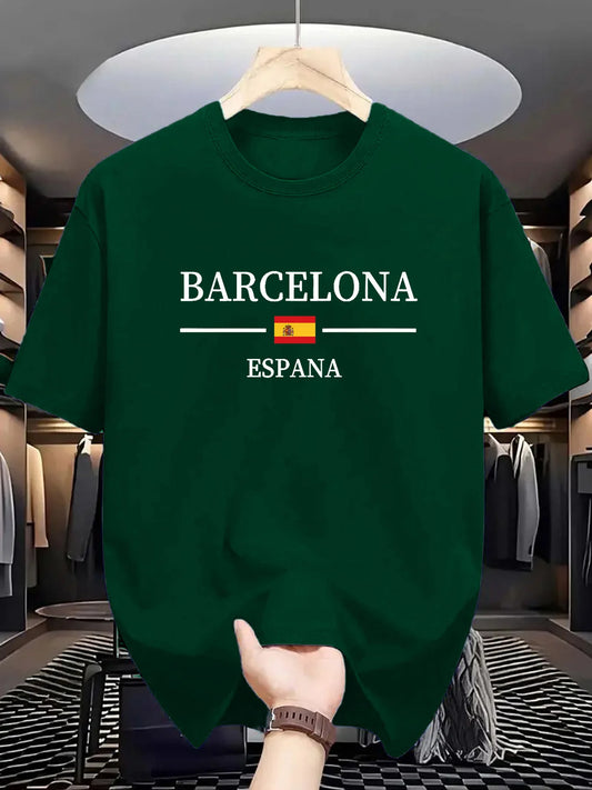 Summer men's 100% pure cotton casual sports loose Barcelona Spanish letter printed comfortable round neck short sleeved T-shirt