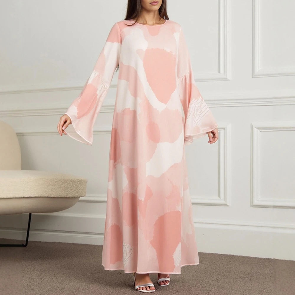 Rafiah Women's Dresses Summer Comfortable Elegant 2025 Patchwork Loose Long Sleeve Round Neck A-Line Midi VacationLong Dress