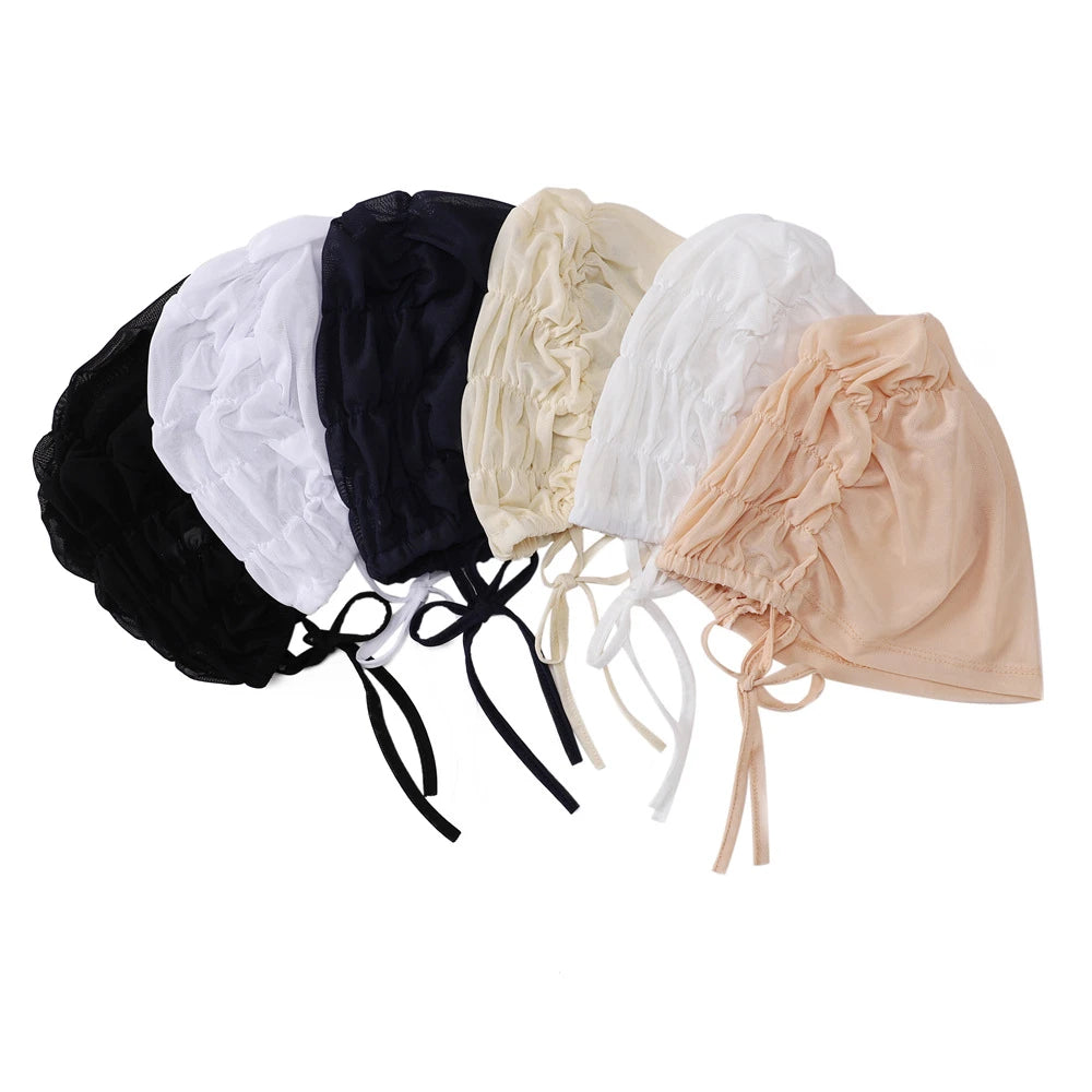 Solid Color Turban Caps for Muslim Women Inner Mesh Hijab Islamic Stretch Underscarf Bonnets Head Wraps Scarves Summer
﻿