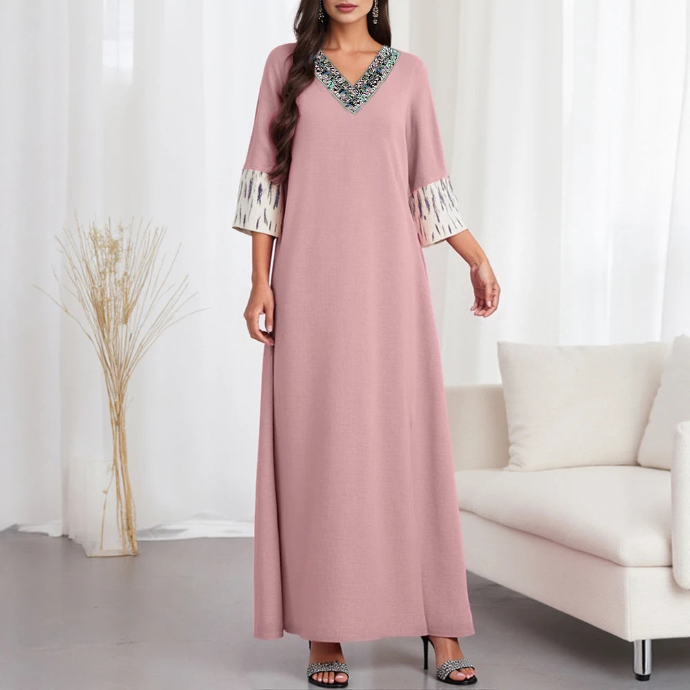 Rafiah Summer Arabian Dress 2025 Women's Decent Print Binding Short Sleeve V-Neck A-Line Daily Basic Midi Dress