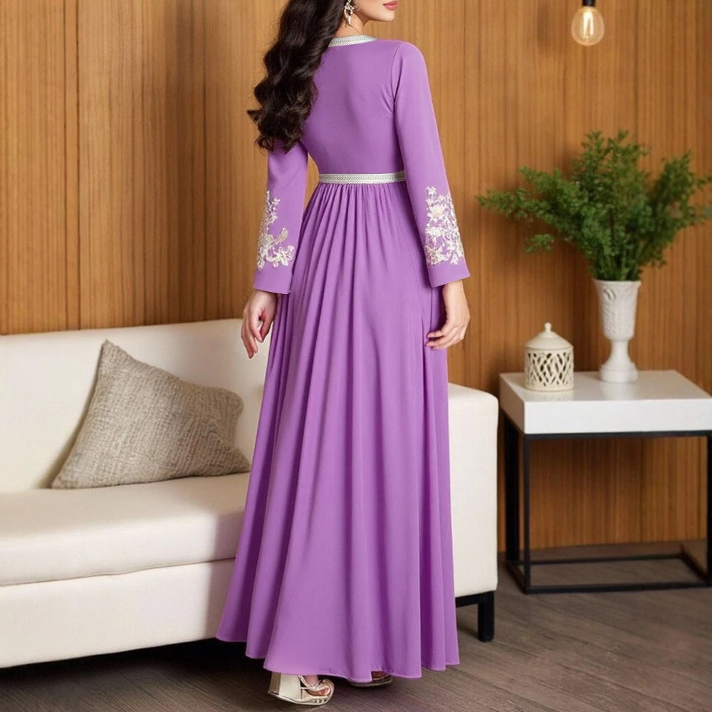 Rafiah Autumn Arabian Long Dress 2025 Casual Decent Patchwork Floral Long Sleeve V-Neck Maxi Dress For Women