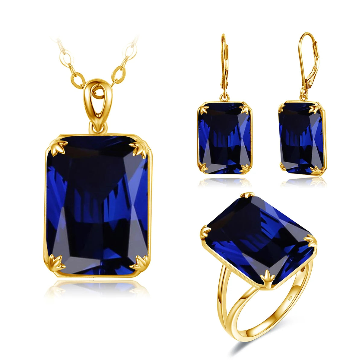 Classic Jewelry Sets for Women 18K Gold Plated Aquamarine Ring Earrings Pendant Silver 925 Anniversary Wedding Quality Gifts