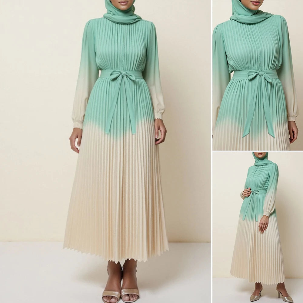 Rafiah Autumn Arabian Long Dress 2025 Fashion Basics Gradient Pleated Long Sleeve Crew Neck A-Line Dress For Women