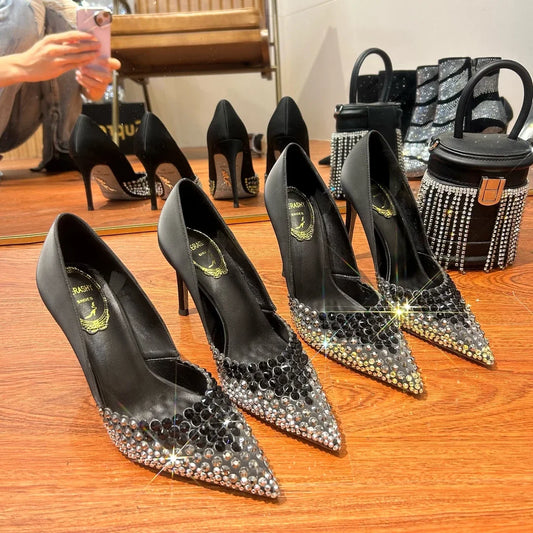 Black Rhinestone High Heels Women's New Summer Style  Socialite Small Stature Thin Heels  Pointed And Sexy Women's Shoes