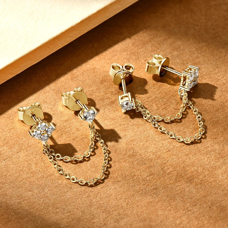 Lnngy 925 Sterling Silver Double Studs Chain Tassel Earrings GRA Certified 3mm&2mm Flower Moissanite Drop Earring For Women Gift