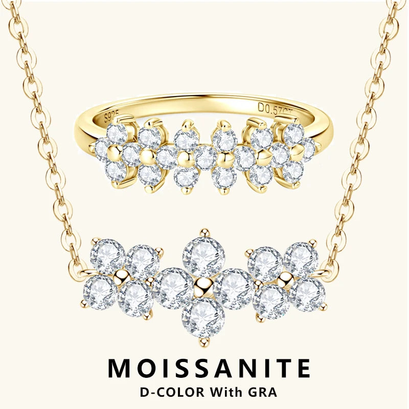 Lnngy Certified GRA Moissanite Ring Necklaces 925 Sterling Silver Cluster Flower Pendant Necklace Jewelry Set For Wedding Gift