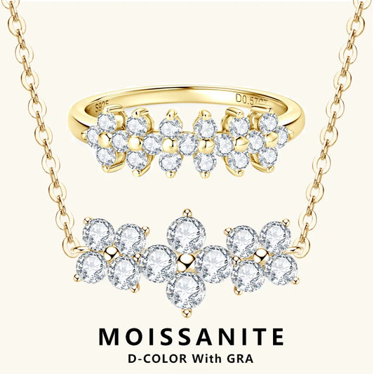 Lnngy Certified GRA Moissanite Ring Necklaces 925 Sterling Silver Cluster Flower Pendant Necklace Jewelry Set For Wedding Gift