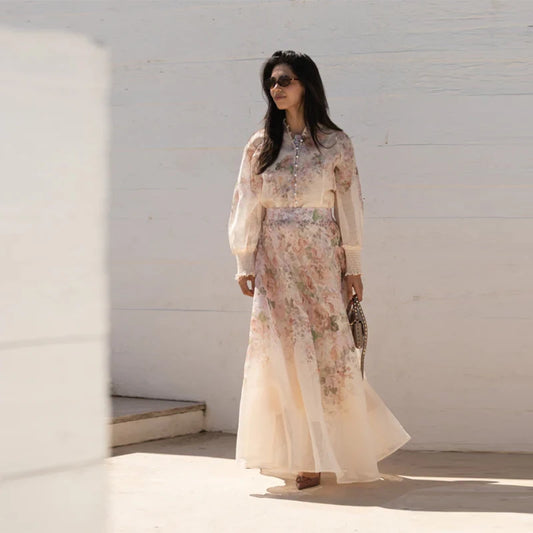 Floral Printed Two-Piece Skirt Set – Loose Full Sleeve Shirt & Pleated Maxi Skirt