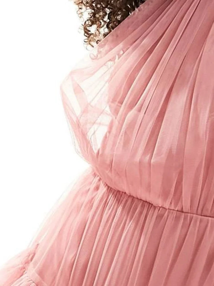 Mila Halter Neck Cascading Ruffle Prom Dresses 2025 Sleeveless Tulle Evening Dresses Floor-Length Customized Pink Party Dresses