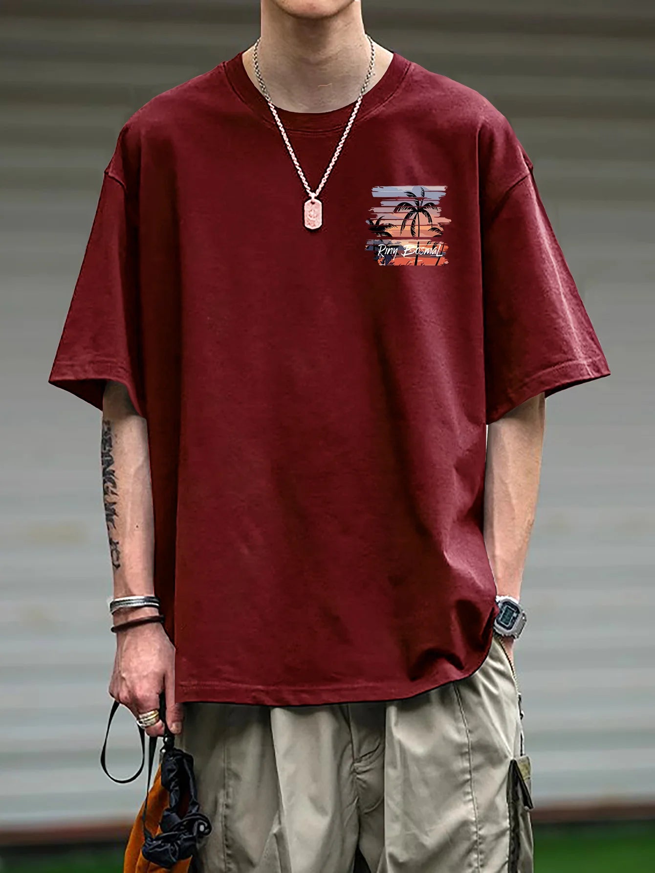 Men's 100% Cotton Casual Palm Tree Printed Short Sleeve T-Shirt