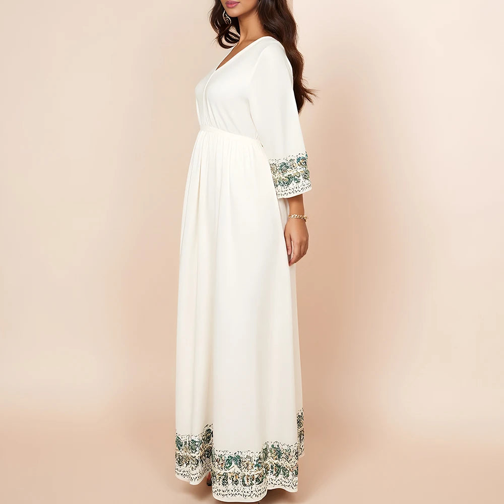 Rafiah Autumn Arabian Long Dress 2025 Decent Elegant Graphic Printing Long Sleeve V-Neck Midi Dresses Daily Dress For Women